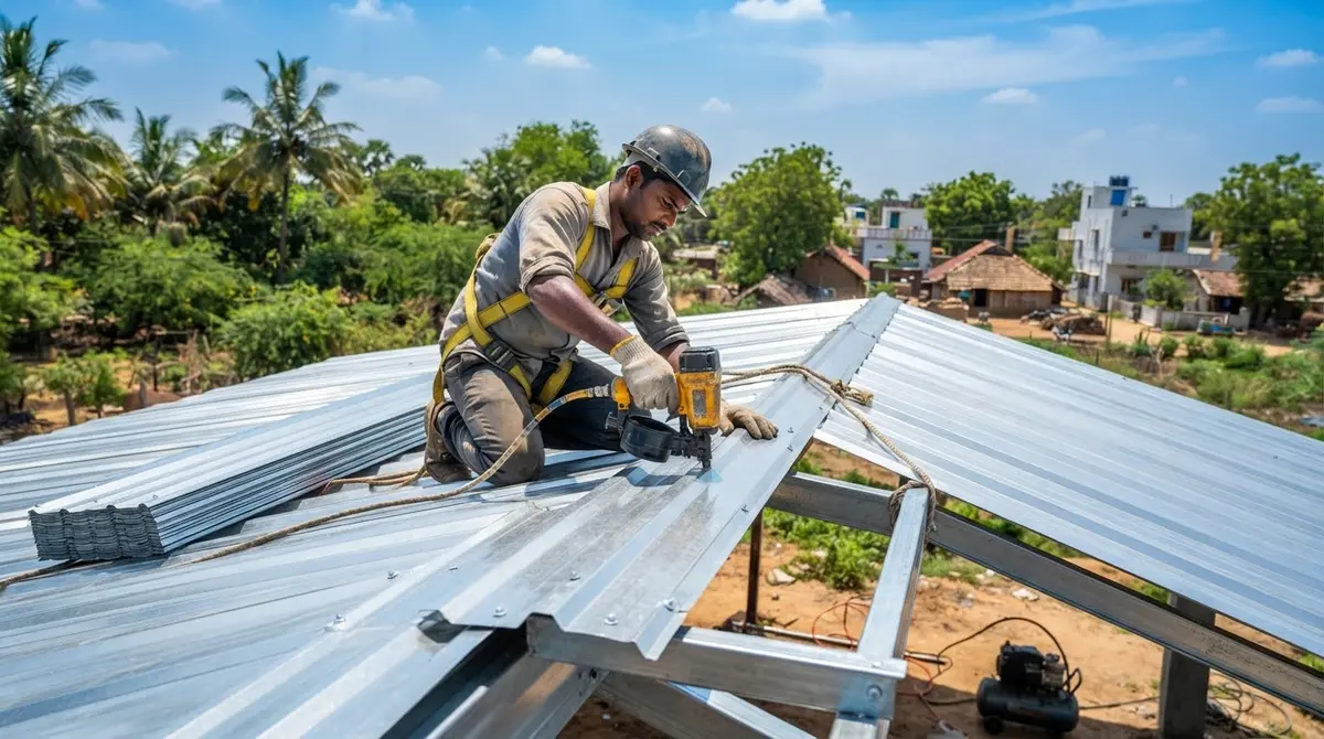 Roofer fixing trapezoidal Galvalume metal roofing sheets with self-drilling screws in Tamil Nadu