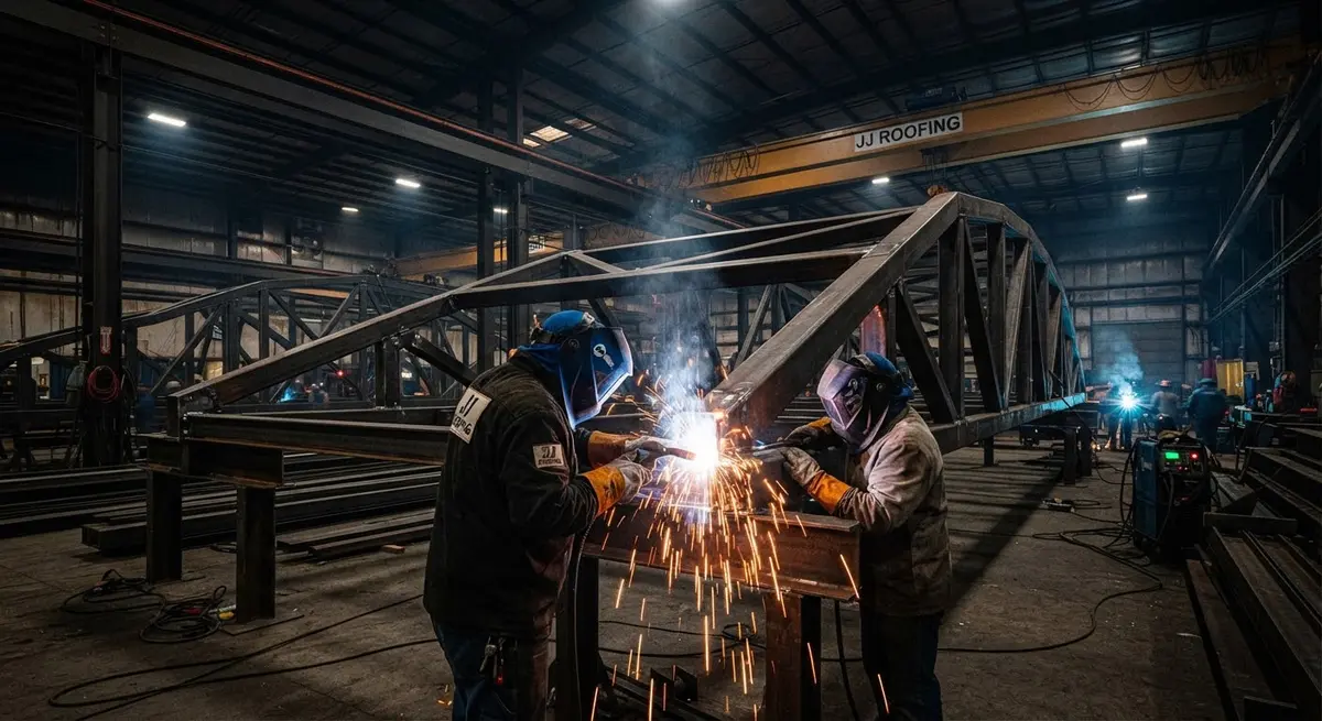 Certified welders assembling a heavy steel roof truss inside a high-ceiling fabrication shed