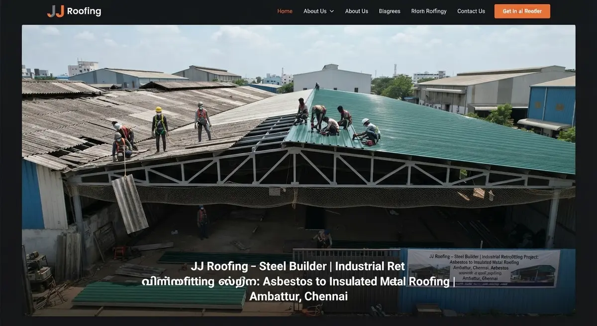 Asbestos roof sheets being replaced with insulated green colour-coated metal sheets at an Ambattur industrial unit