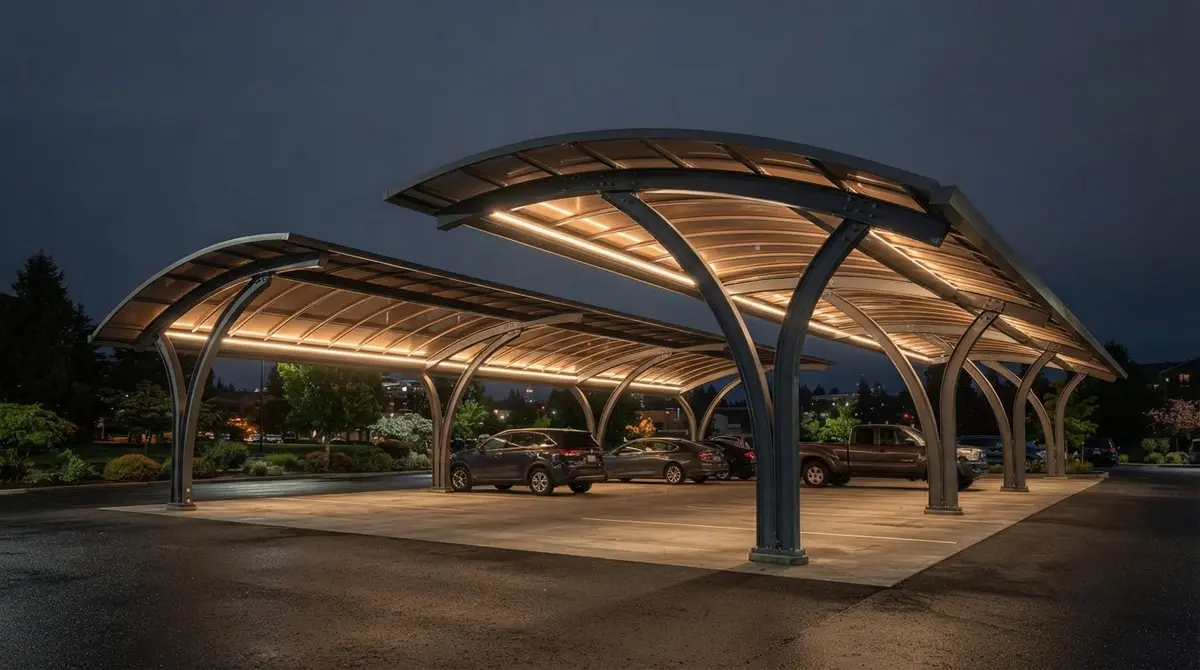 Multi-car parking pergola roof with curved steel rafters and bronze polycarbonate panels in Salem