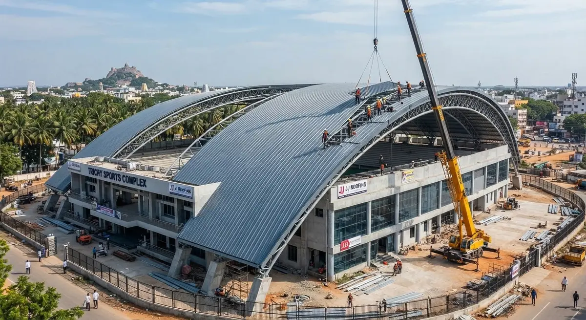 Curved standing-seam galvanised steel roof over a sports complex in Trichy