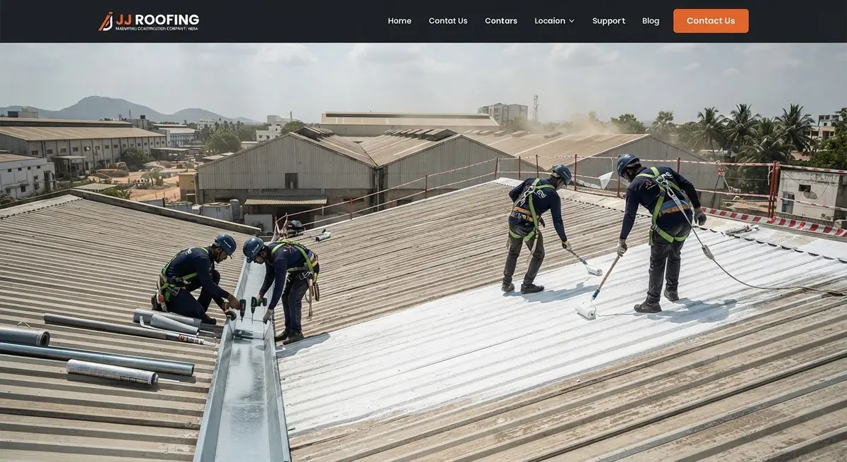 Technicians applying elastomeric waterproof coating and replacing a valley gutter on a Madurai spinning mill roof