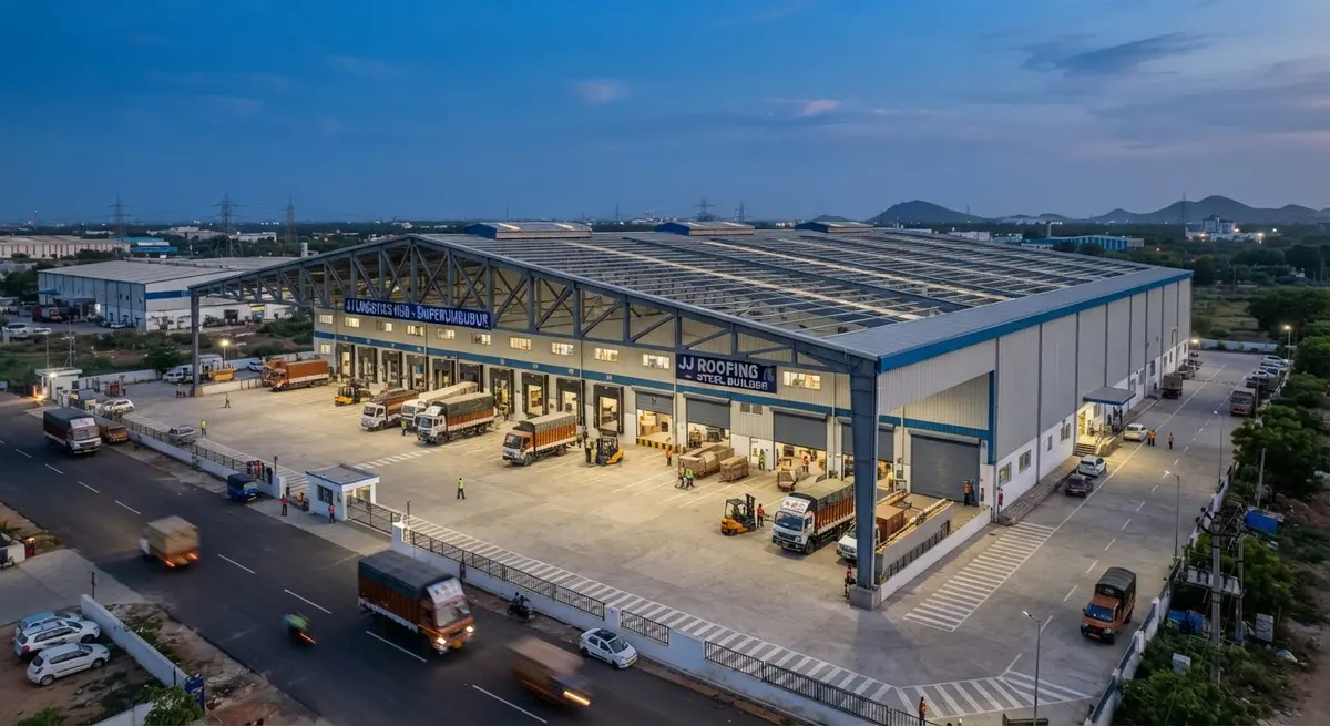 Large logistics dispatch hub with multi-bay loading docks and a steel portal-frame roof in Sriperumbudur