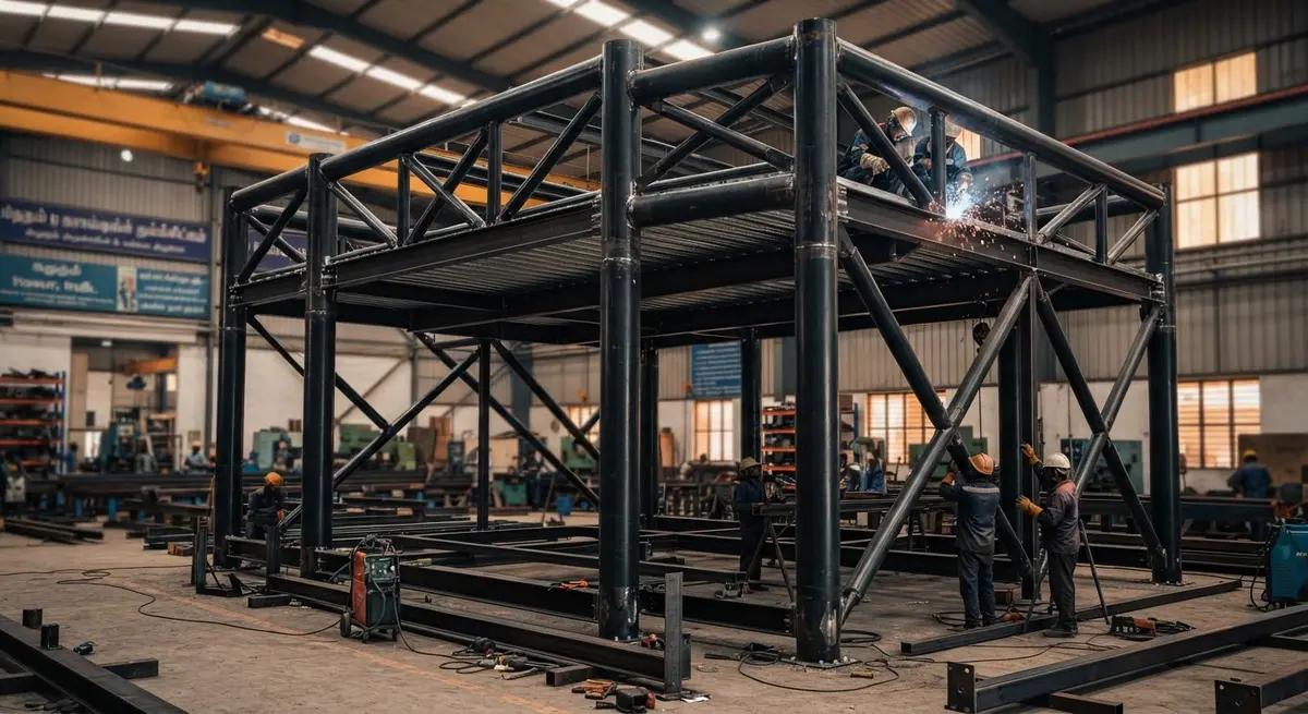 Tubular steel mezzanine floor framework with I-beam columns inside an engineering facility in Hosur