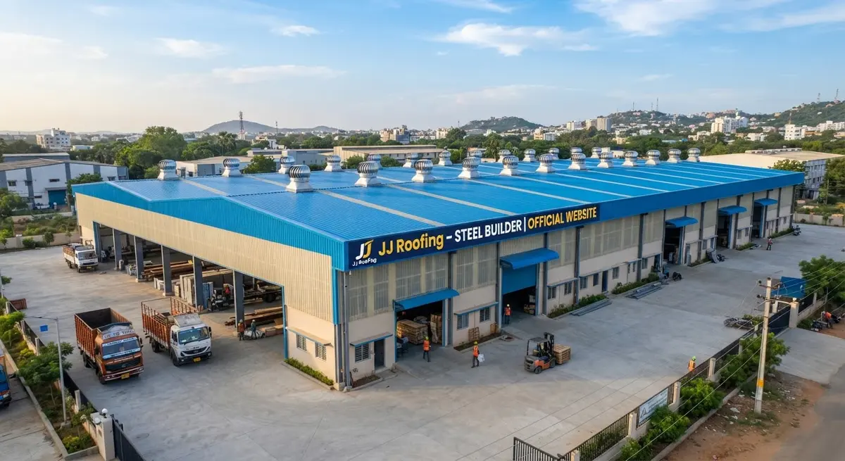 Finished industrial PEB warehouse shed with blue trapezoidal roofing sheets and turbo ventilators in Coimbatore