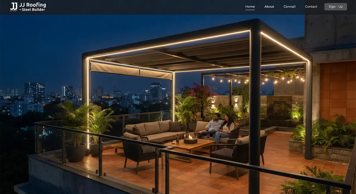 Modern bungalow rooftop terrace with a charcoal tubular steel canopy in Chennai