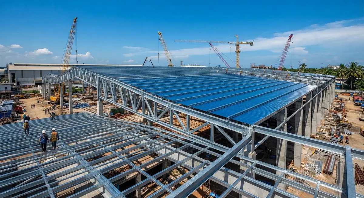 Newly built industrial steel warehouse roof frame with blue Tata BlueScope metal sheets under construction in Tamil Nadu