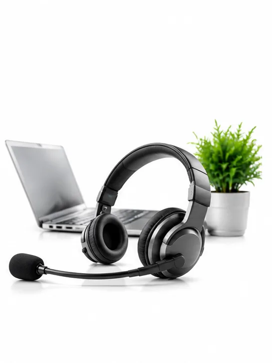 Professional black headset on a white office desk beside a laptop and a green plant
