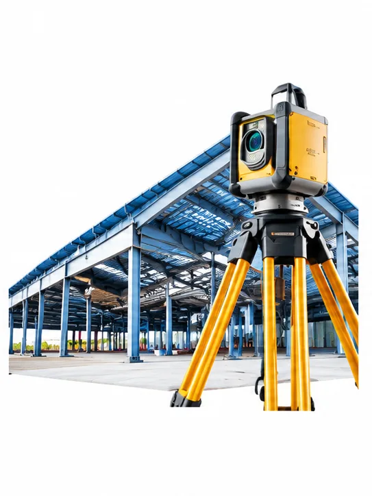 Yellow laser surveying instrument on a tripod at a steel construction site