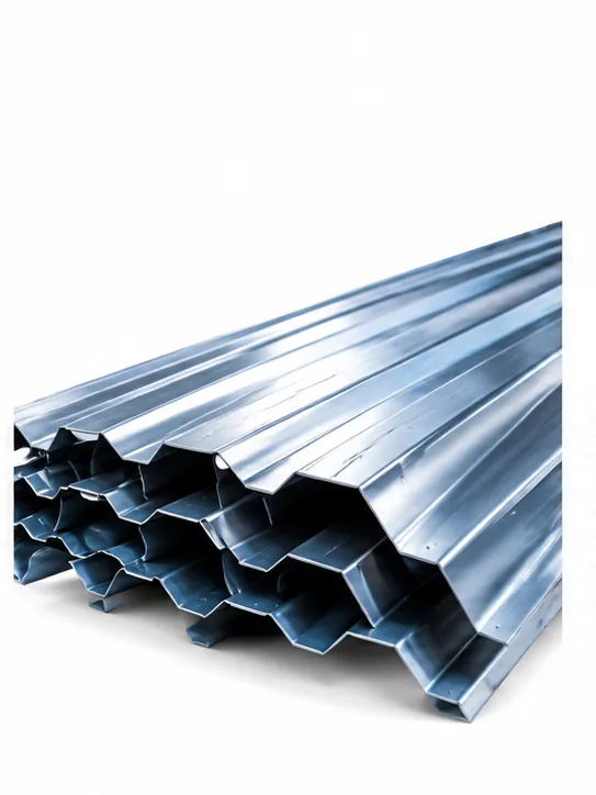Silver corrugated metal roofing sheets stacked inside a fabrication facility
