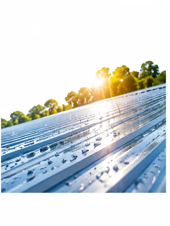 Water droplets on a silver metal roof in soft sunlight