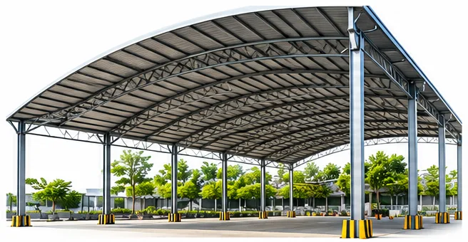 Large modern curved metal-roof commercial canopy on a steel frame