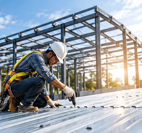Roofing professional in a hard hat and safety harness installing metal roofing sheets on a steel-framed building
