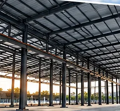 Interior of an industrial steel roofing structure with columns and trusses