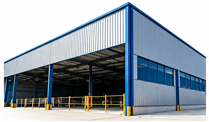 Modern blue-and-white industrial warehouse with a steel frame and clad metal roof
