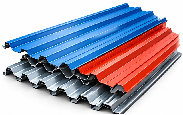 Stack of blue, red and silver corrugated metal roofing sheets in trapezoidal profiles