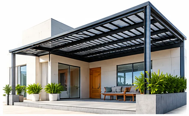 Modern house terrace covered by a black steel and metal canopy