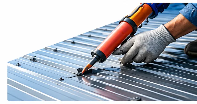 Roofing technician in work gloves applying sealant with a caulking gun to a metal roof sheet